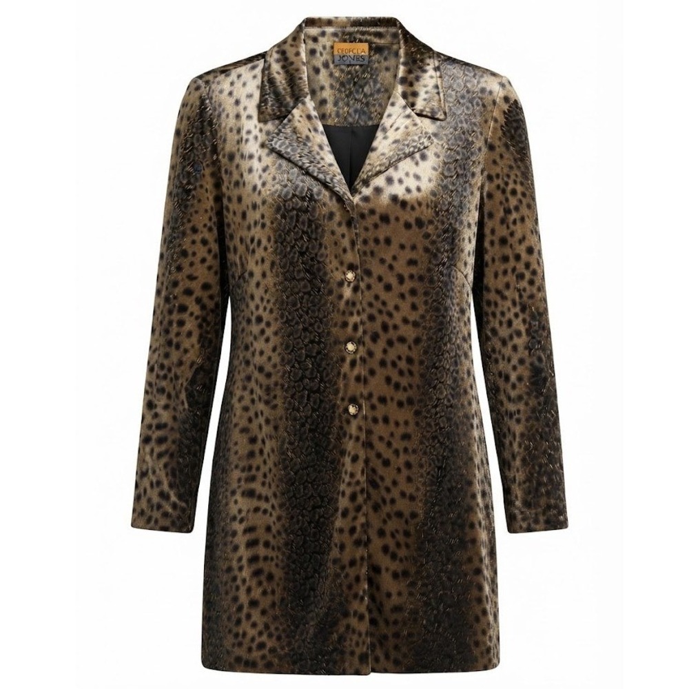 Rebecca Jones Brown Gold Metallic Animal Print Komona Longline Blazer Size 2X